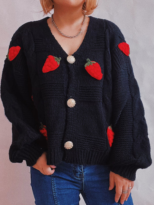 loose strawberry embroidered burlap single-breasted knitted sweater jacket cardigan kakaclo