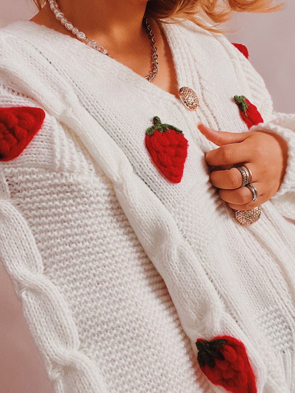 loose strawberry embroidered burlap single-breasted knitted sweater jacket cardigan kakaclo
