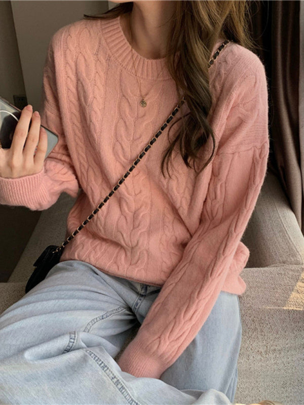 Blue Zone Planet |  round neck loose slimming long sleeve pullover knitted top BLUE ZONE PLANET