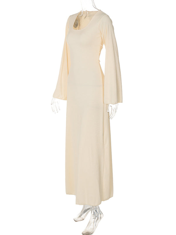Feminine U-neck tie-back long-sleeved dress kakaclo