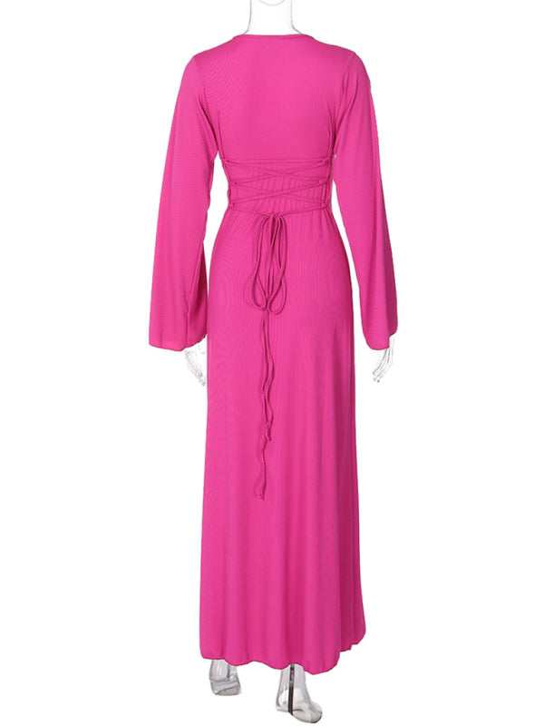 Feminine U-neck tie-back long-sleeved dress kakaclo