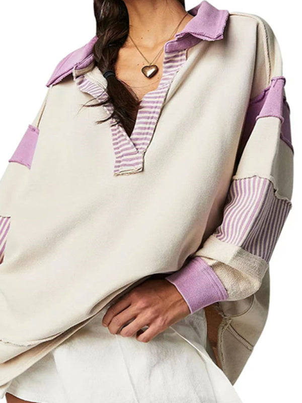 loose V-neck long-sleeved patchwork sweatshirt kakaclo