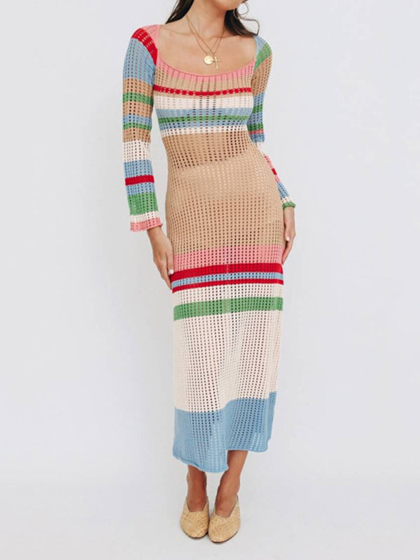 New colorful contrasting U-neck sexy hollow long-sleeved knitted midi dress-[Adult]-[Female]-Pattern1-M-2022 Online Blue Zone Planet