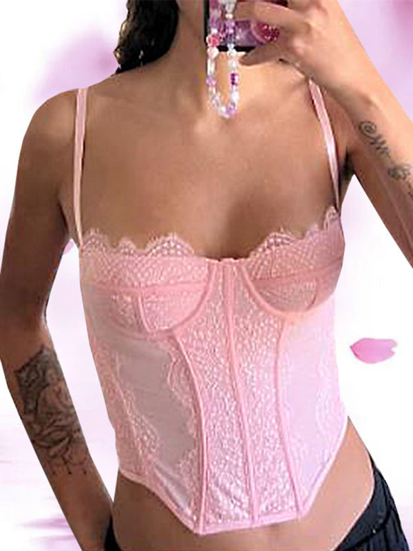 Isabella's Embroidered Lace Fishbone Spaghetti Strap Transparent Backless Tube Top kakaclo
