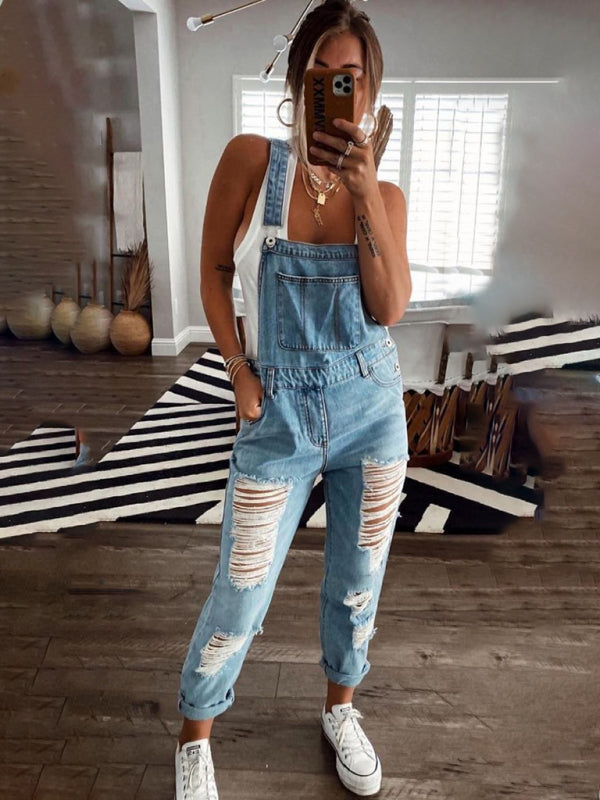 Blue Zone Planet |  Ella's Distressed mid-waist denim jumpsuit BLUE ZONE PLANET