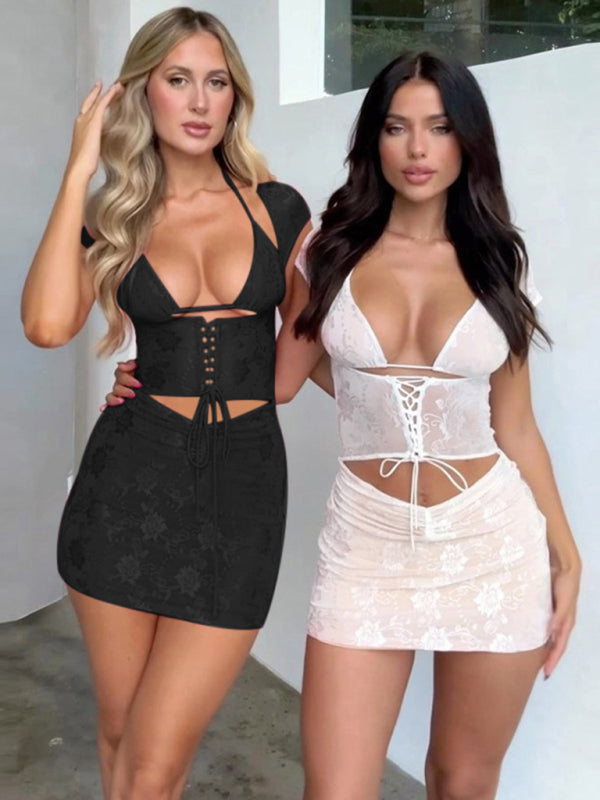 spaghetti strap sexy bust-revealing top lace corset hip-covering short skirt hot girl suit kakaclo