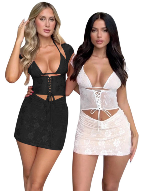 spaghetti strap sexy bust-revealing top lace corset hip-covering short skirt hot girl suit kakaclo