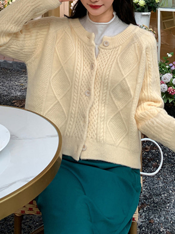 retro gentle solid color round neck twist knitted cardigan loose short sweater jacket kakaclo