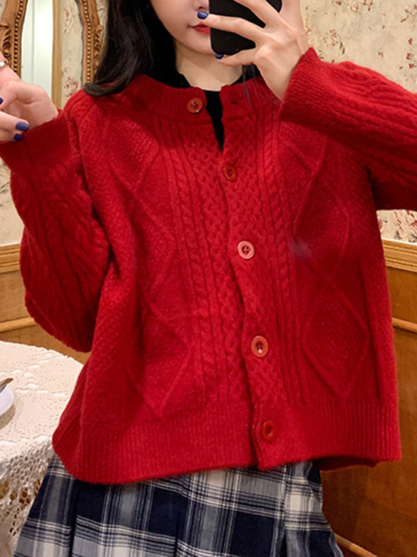 retro gentle solid color round neck twist knitted cardigan loose short sweater jacket kakaclo