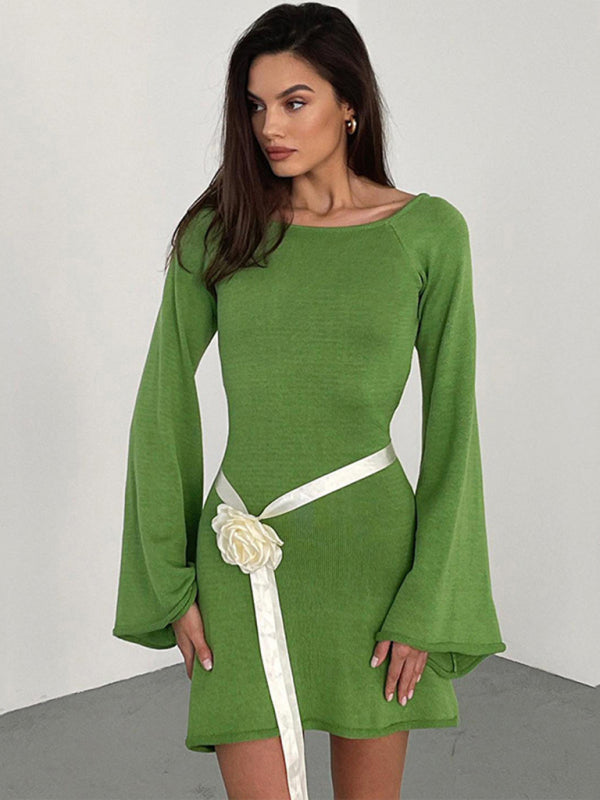 New Sexy Backless Bell Sleeve Loose Beach Vacation Mini Dress-TOPS / DRESSES-[Adult]-[Female]-Green-S-2022 Online Blue Zone Planet