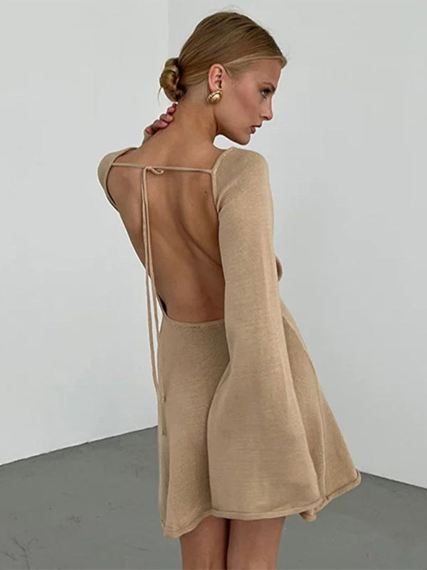 New Sexy Backless Bell Sleeve Loose Beach Vacation Mini Dress-TOPS / DRESSES-[Adult]-[Female]-Khaki-S-2022 Online Blue Zone Planet