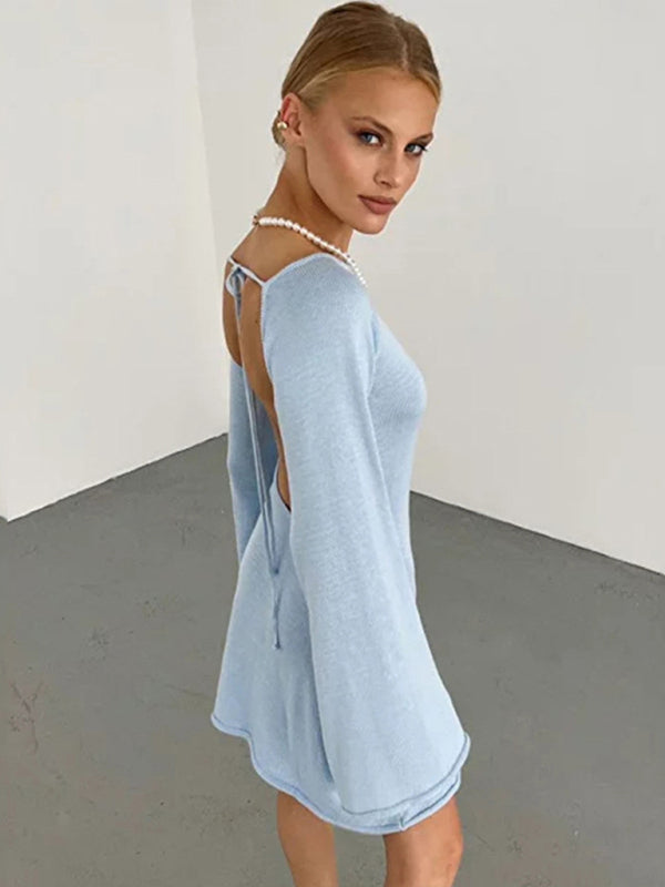 New Sexy Backless Bell Sleeve Loose Beach Vacation Mini Dress-TOPS / DRESSES-[Adult]-[Female]-Clear blue-S-2022 Online Blue Zone Planet
