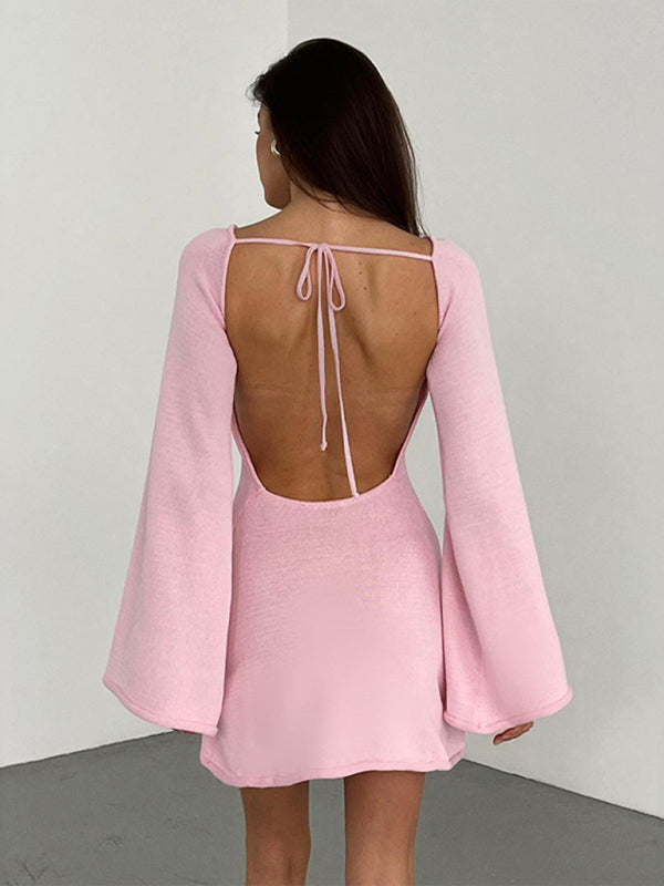 Women's Backless Bell Sleeve Loose Beach Vacation Dress (Color: White, Size: M) Women's Backless Bell Sleeve Loose Beach Vacation Dress (Color: White, Size: M)