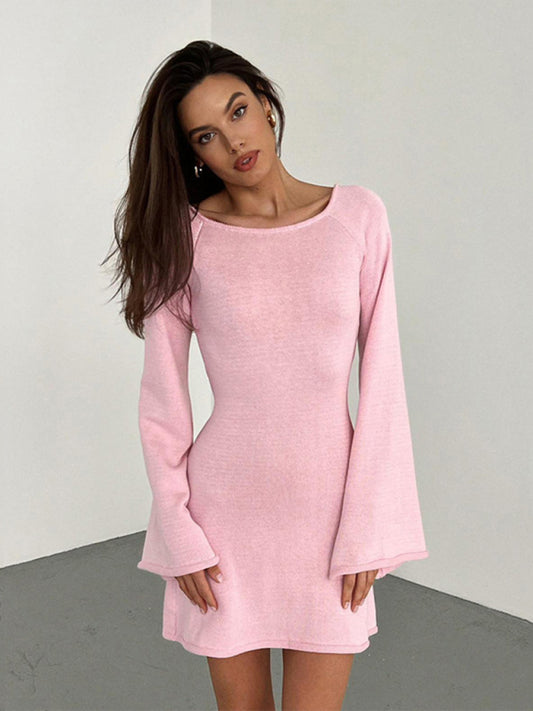 New Sexy Backless Bell Sleeve Loose Beach Vacation Mini Dress-TOPS / DRESSES-[Adult]-[Female]-Pink-S-2022 Online Blue Zone Planet