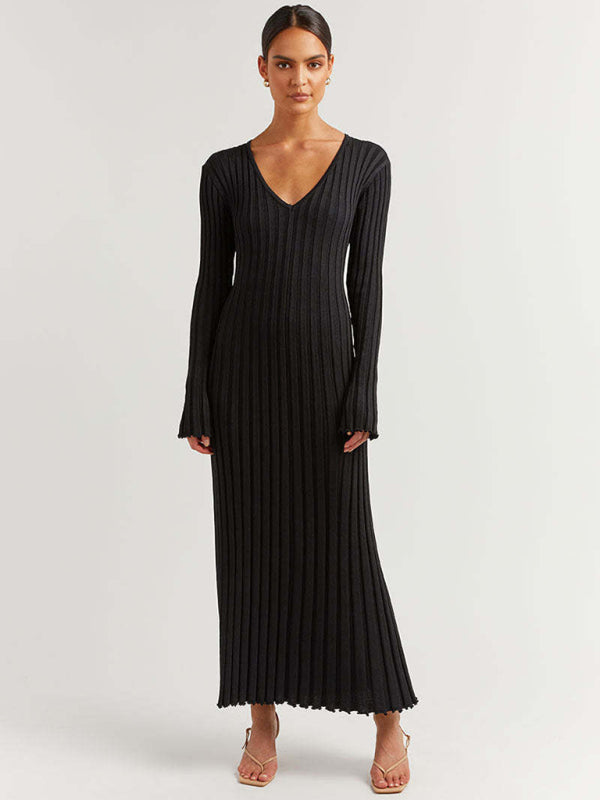 Long bell sleeve slim fit knitted maxi dress-TOPS / DRESSES-[Adult]-[Female]-Black-S-2022 Online Blue Zone Planet