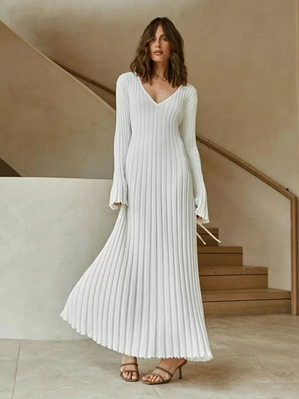 Long bell sleeve slim fit knitted maxi dress-TOPS / DRESSES-[Adult]-[Female]-White-S-2022 Online Blue Zone Planet