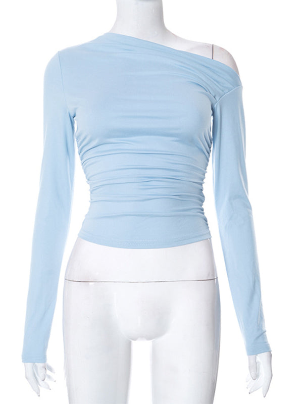 Blue Zone Planet |  Off-shoulder long-sleeved gathered midriff-baring knit top BLUE ZONE PLANET