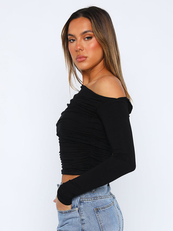 Blue Zone Planet |  Off-shoulder long-sleeved gathered midriff-baring knit top BLUE ZONE PLANET