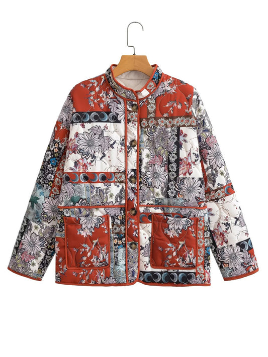 stand collar printed quilted jacket kakaclo