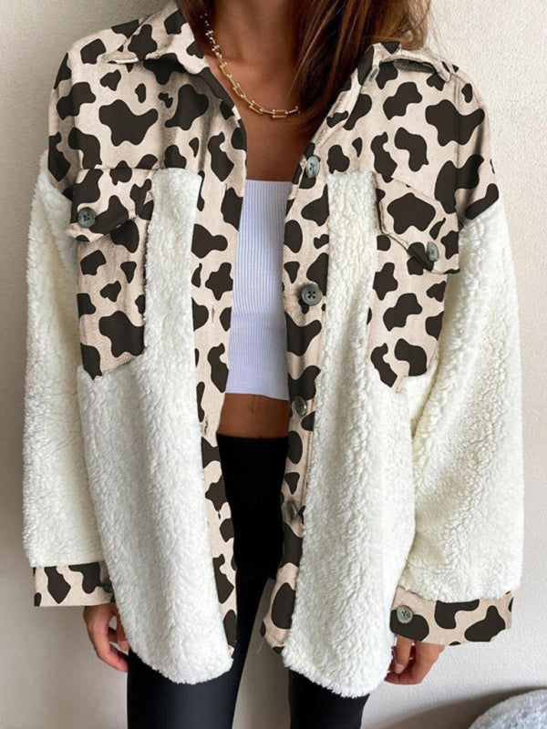 Leopard Plaid Print Plush Stitching Contrast Color Warm Long Sleeve Jacket kakaclo