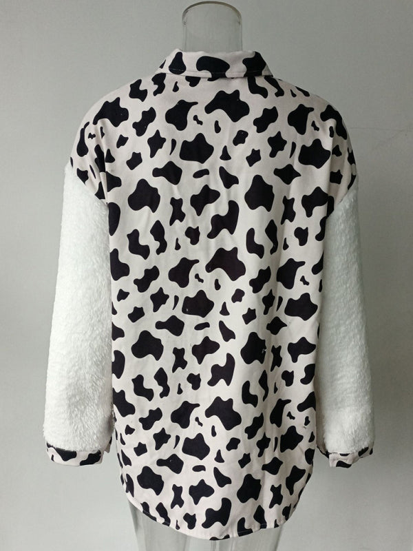 Leopard Plaid Print Plush Stitching Contrast Color Warm Long Sleeve Jacket kakaclo