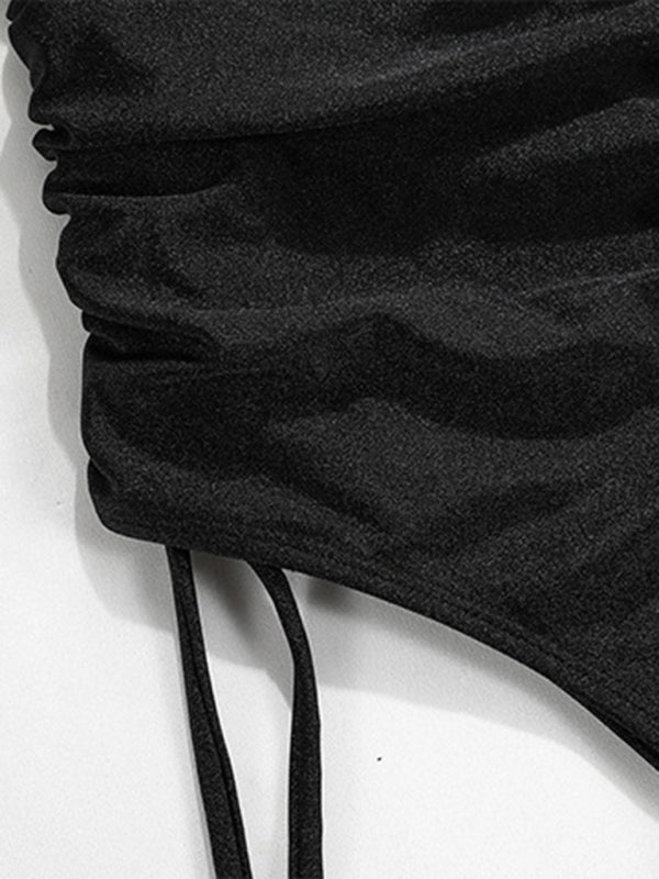 New Drawstring One-Piece Swimsuit Solid Color Pleated Sexy Suspender Bikini BLUE ZONE PLANET
