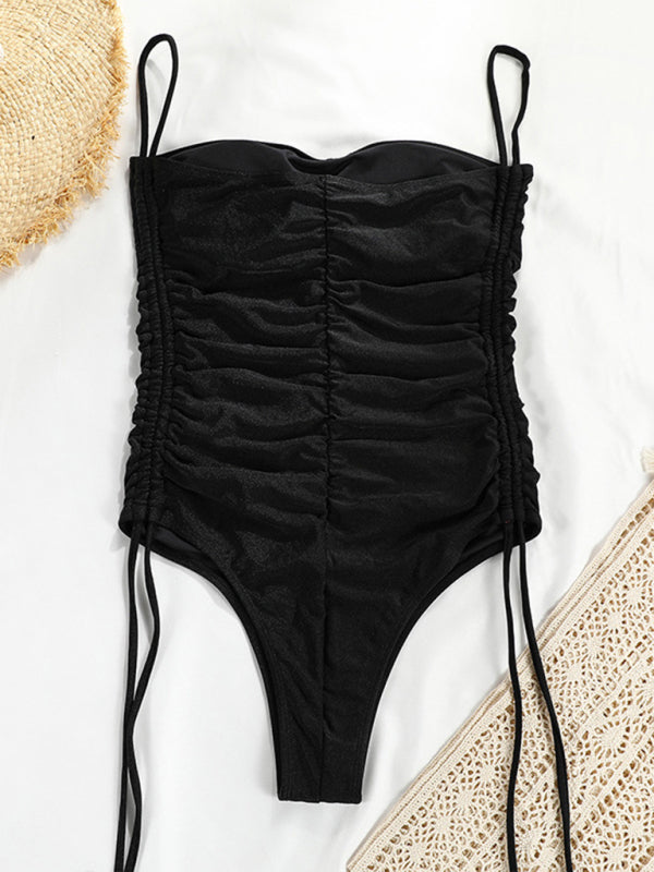 New Drawstring One-Piece Swimsuit Solid Color Pleated Sexy Suspender Bikini BLUE ZONE PLANET