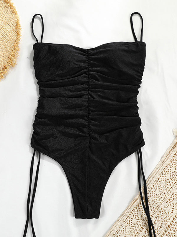 New Drawstring One-Piece Swimsuit Solid Color Pleated Sexy Suspender Bikini BLUE ZONE PLANET
