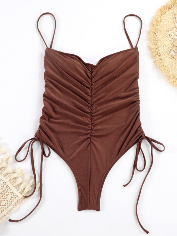 New Drawstring One-Piece Swimsuit Solid Color Pleated Sexy Suspender Bikini BLUE ZONE PLANET
