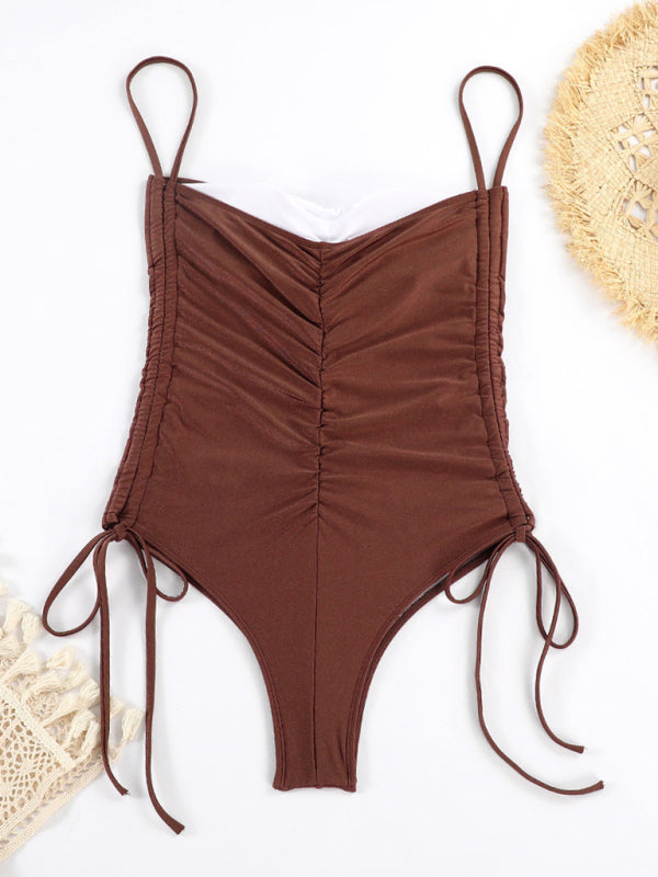 New Drawstring One-Piece Swimsuit Solid Color Pleated Sexy Suspender Bikini BLUE ZONE PLANET