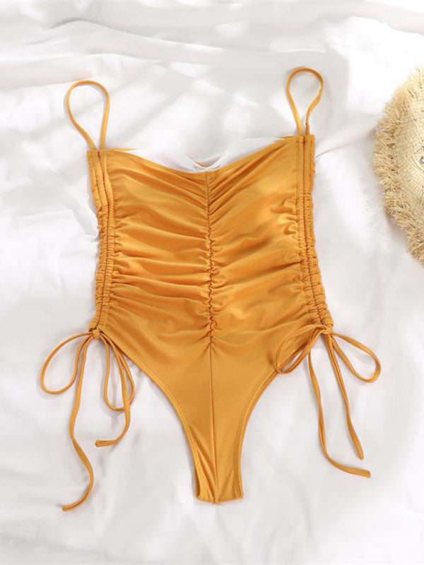 New Drawstring One-Piece Swimsuit Solid Color Pleated Sexy Suspender Bikini BLUE ZONE PLANET