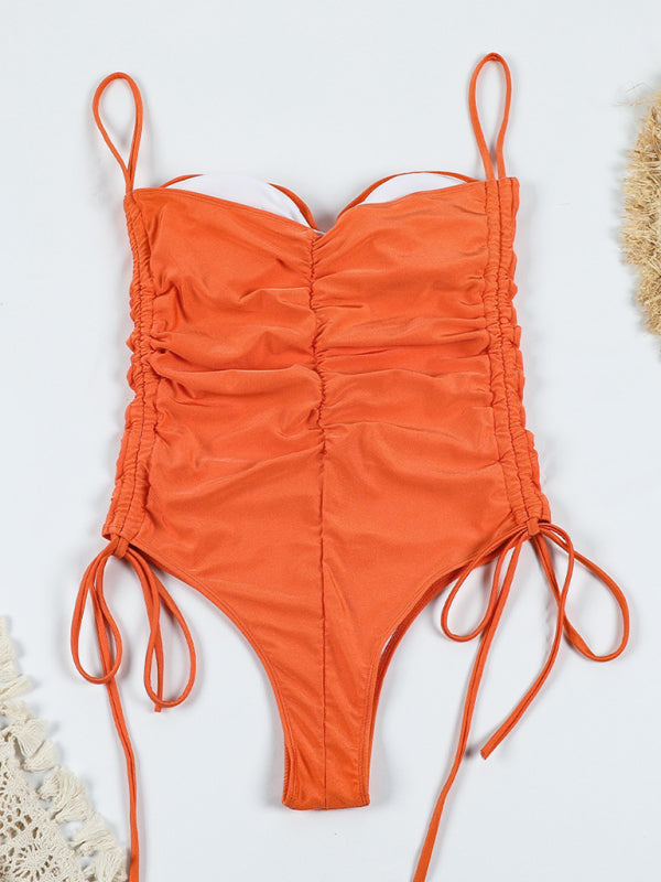 New Drawstring One-Piece Swimsuit Solid Color Pleated Sexy Suspender Bikini BLUE ZONE PLANET