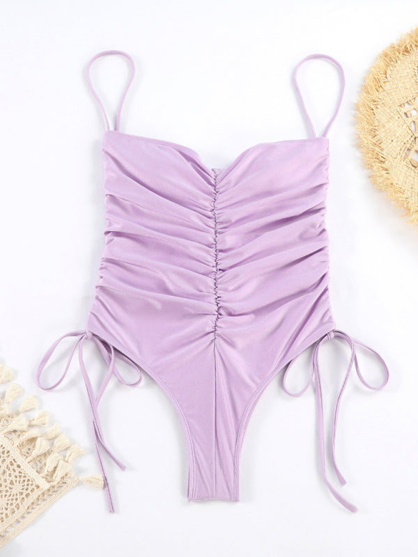 New Drawstring One-Piece Swimsuit Solid Color Pleated Sexy Suspender Bikini BLUE ZONE PLANET