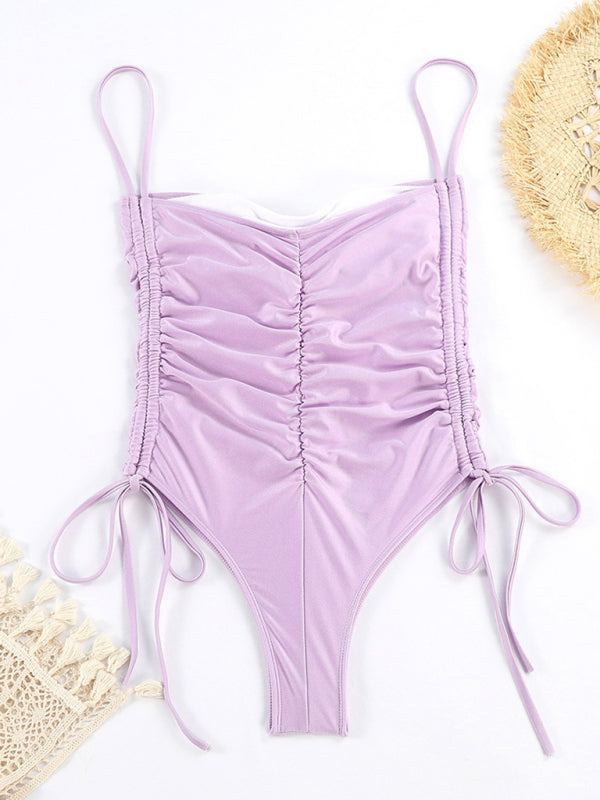 New Drawstring One-Piece Swimsuit Solid Color Pleated Sexy Suspender Bikini BLUE ZONE PLANET