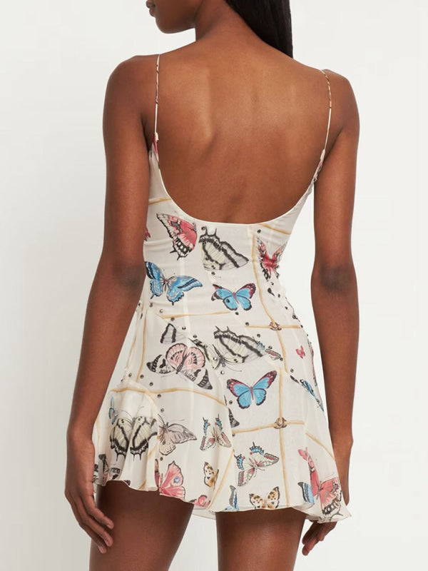 French style pure desire butterfly print spaghetti strap backless dress kakaclo