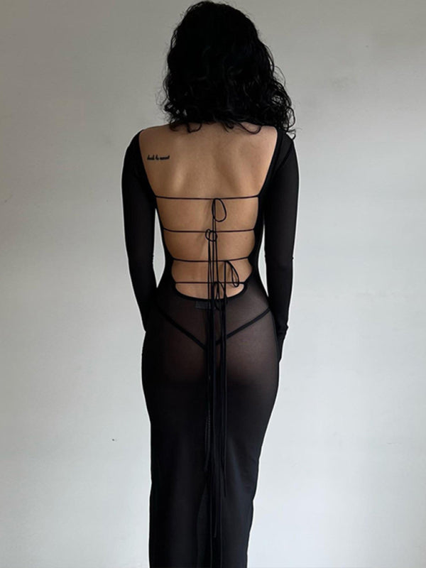 See-through mesh backless dress lace-up sexy midi skirt long-sleeved slim black dress BLUE ZONE PLANET