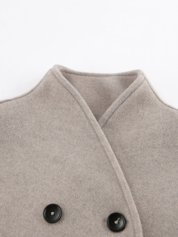 Retro Brown Woolen Jacket V-neck Commuting Warm Outerwear kakaclo