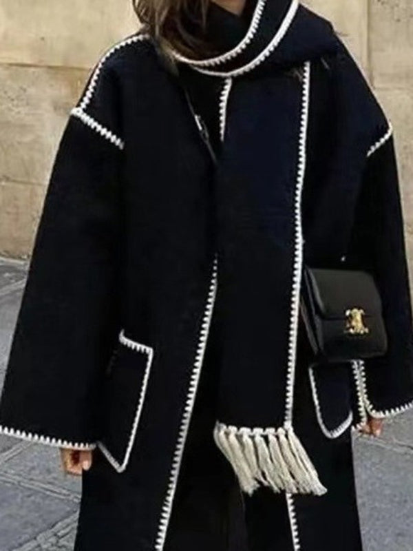 double-sided woolen long-sleeved scarf tassel long top windbreaker jacket kakaclo
