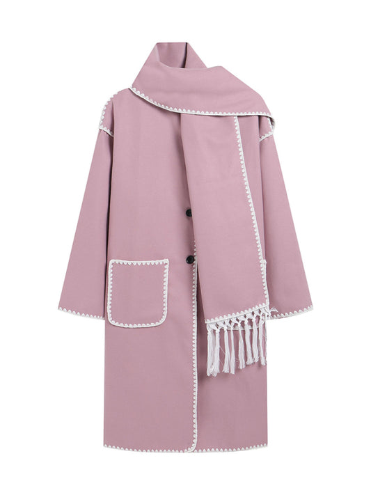 double-sided woolen long-sleeved scarf tassel long top windbreaker jacket kakaclo