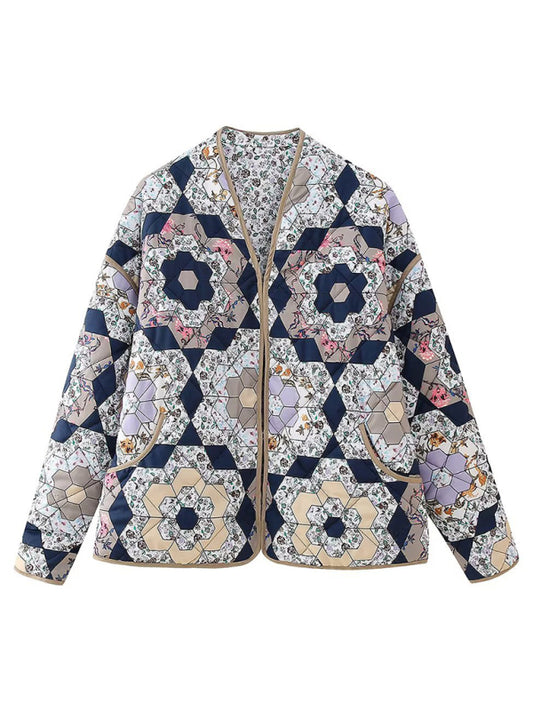 Blue Zone Planet | Flower Pattern Unbuttoned Reversible Quilted Jacket-TOPS / DRESSES-[Adult]-[Female]-Blue-S-2022 Online Blue Zone Planet