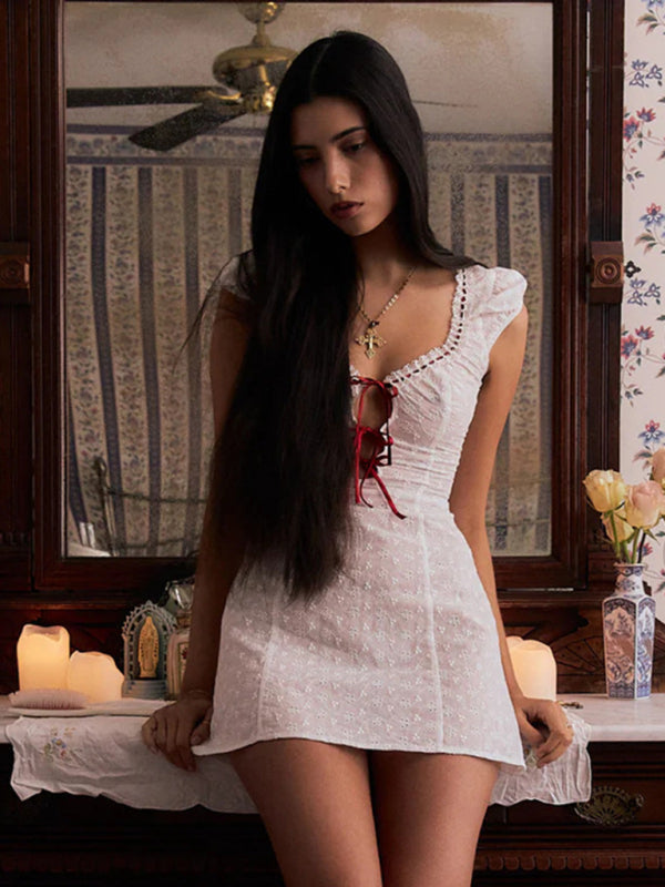 Angie's Lace Square-Neck Bow Tie Dress BLUE ZONE PLANET
