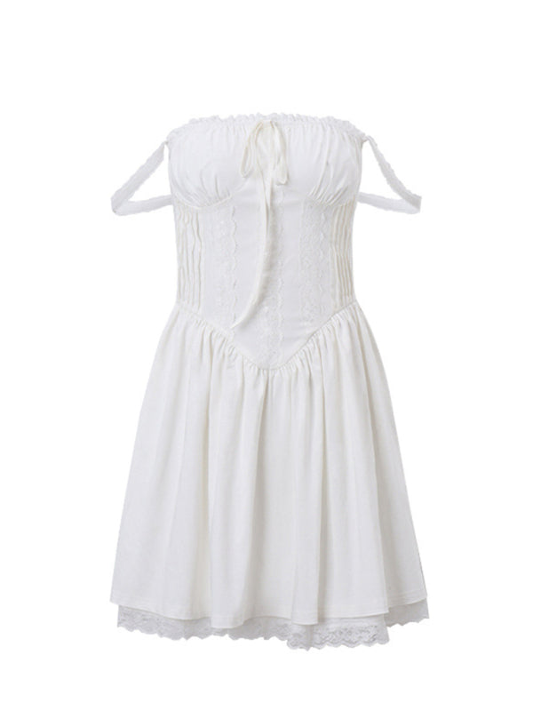Resort style French lace-up pleated dress kakaclo