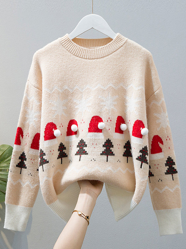 Christmas cute lazy style loose casual round neck pullover red sweater BLUE ZONE PLANET