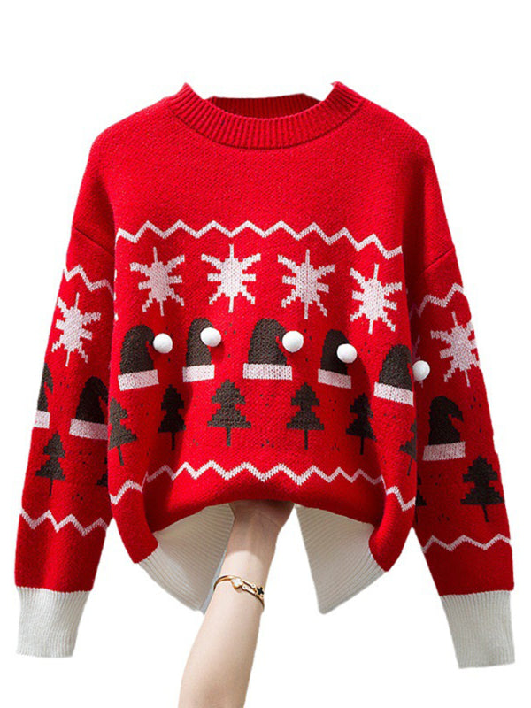 Christmas cute lazy style loose casual round neck pullover red sweater BLUE ZONE PLANET