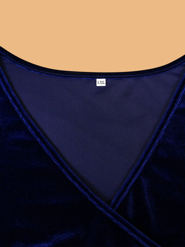 Gold velvet V-neck bodycon and sexy pleated wrap Christmas dress BLUE ZONE PLANET