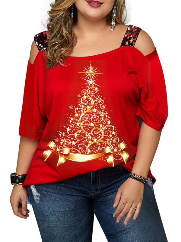 Christmas tree print off-shoulder loose short-sleeved plus size T-shirt top BLUE ZONE PLANET