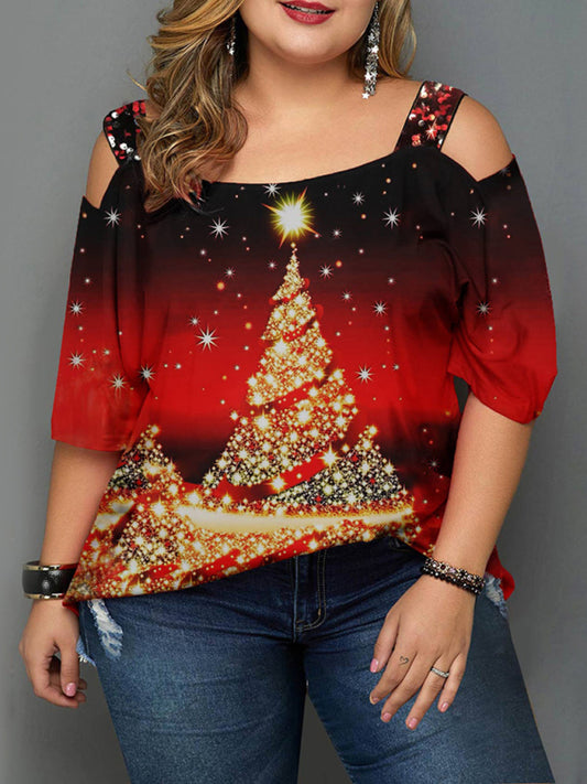 Christmas tree print off-shoulder loose short-sleeved plus size T-shirt top BLUE ZONE PLANET
