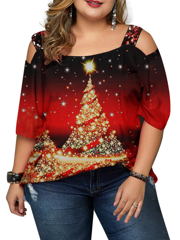 Christmas tree print off-shoulder loose short-sleeved plus size T-shirt top BLUE ZONE PLANET