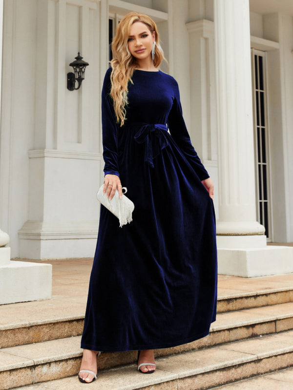 Ella's Gold Velvet Belted Round Neck Maxi Dress BLUE ZONE PLANET