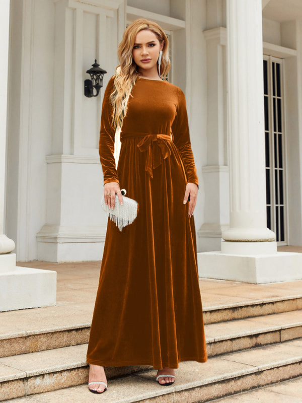 Ella's Gold Velvet Belted Round Neck Maxi Dress BLUE ZONE PLANET